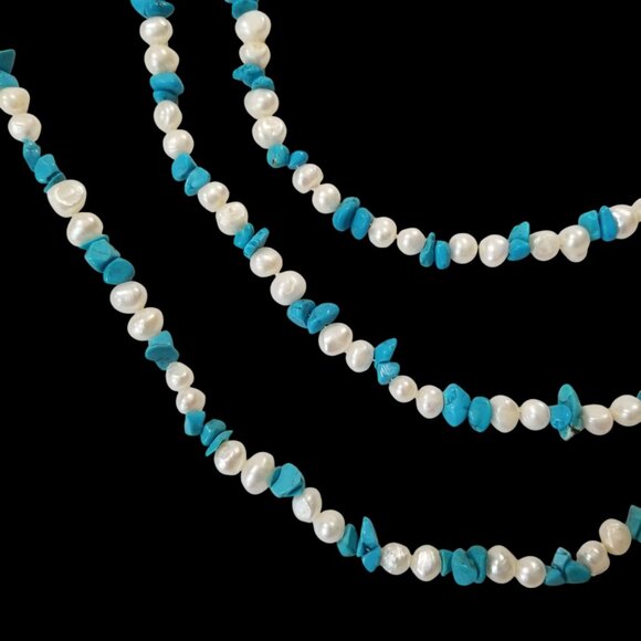 Pearls & Turquoise Rope Necklaces x 2 Freshwater Pearls & Turquoise Chips - Picture 10 of 15